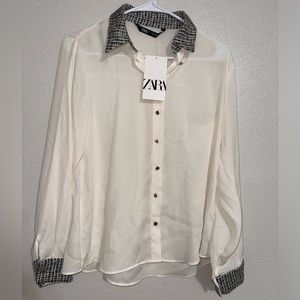NWT ZARA MIXED SHIRT SIZE SMALL CREAM BUTTON UP